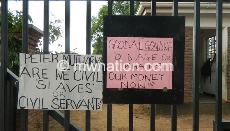 Some of the placards posted at the gates of the High Court of Malawi and Malawi Supreme Court of Appeal premises in Blantyre 
