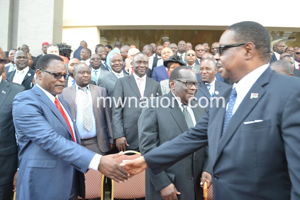  Mutharika greets Leader of Opposition in Prliament, MCP president Lazarus Chakwera