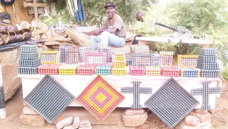 A view of crafts that Chimganda makes from bottle tops
