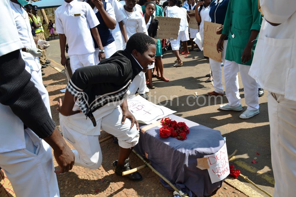 The students pretend to be mourning fees hike at Lilongwe Civic Offices