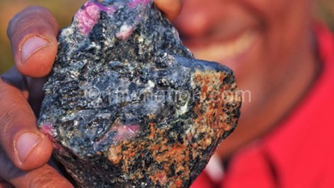 Abdul Mahomed, majority owner of the Chimwadzulu mine, with rubies in their amphibolite matrix (Photo by Vincent Pardieu, GIA) In September 2014, the gemol