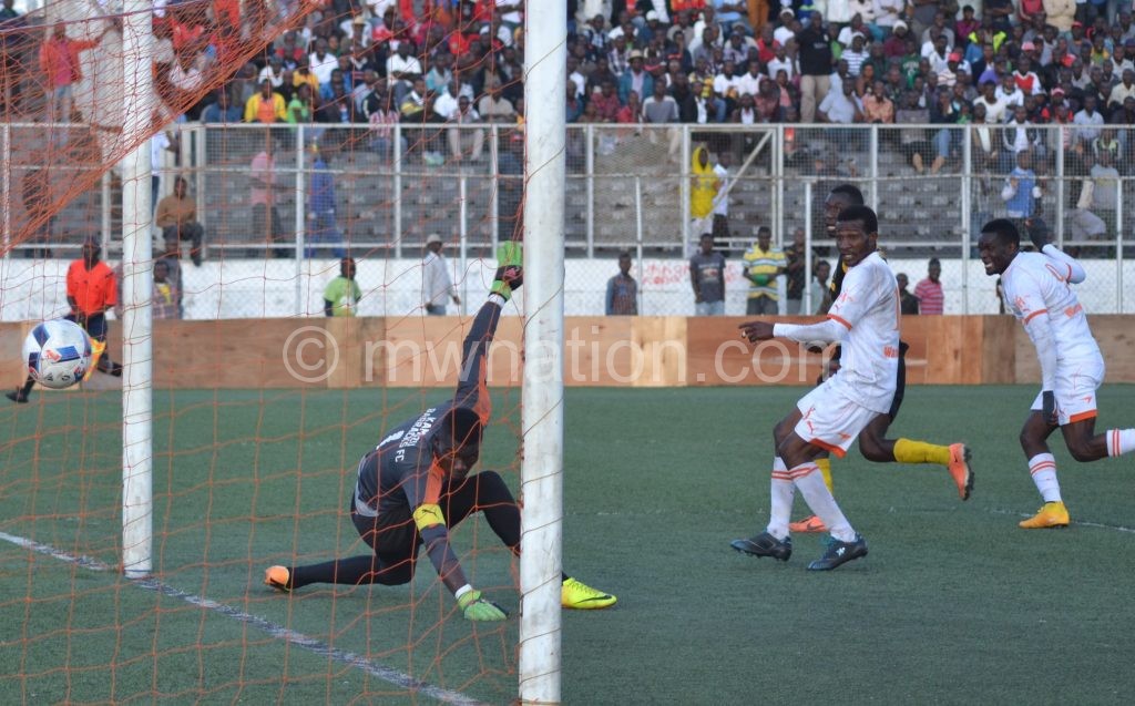 Helpless: KB goalkeeper Nthala watches as the ball zooms past him from Wadabwa’s header