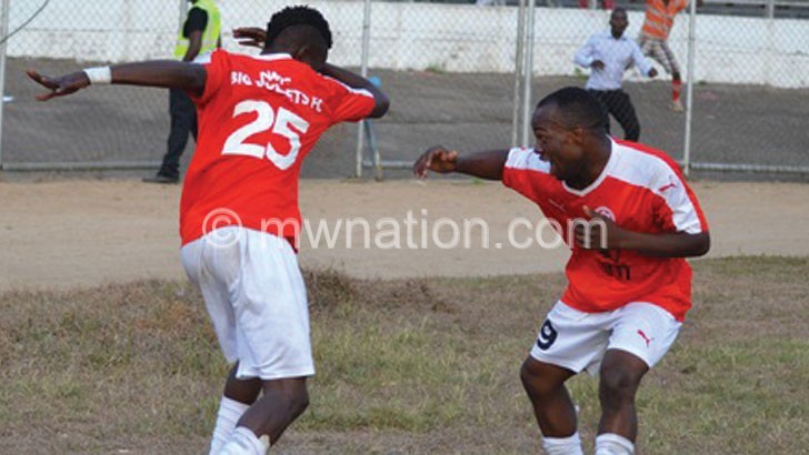 Nkhulambe (L) celebrates his second goal with Ngwira previous