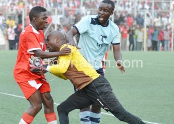 Silver goalskeeper Blessing Kameza was shown a yellow card after headbutting Mussa Manyenje