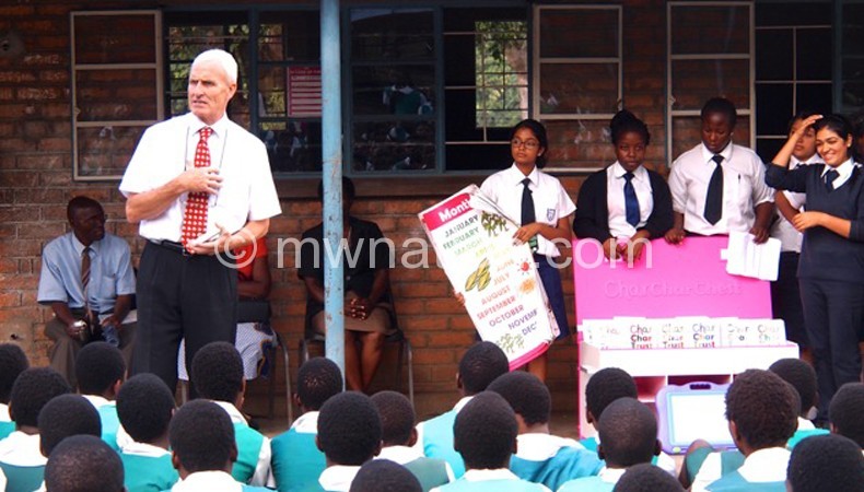 Benbow (L) talks to Blantyre Girls students during the event