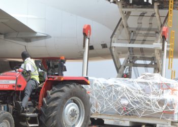 Ballot papers being offloaded from a cargo plane