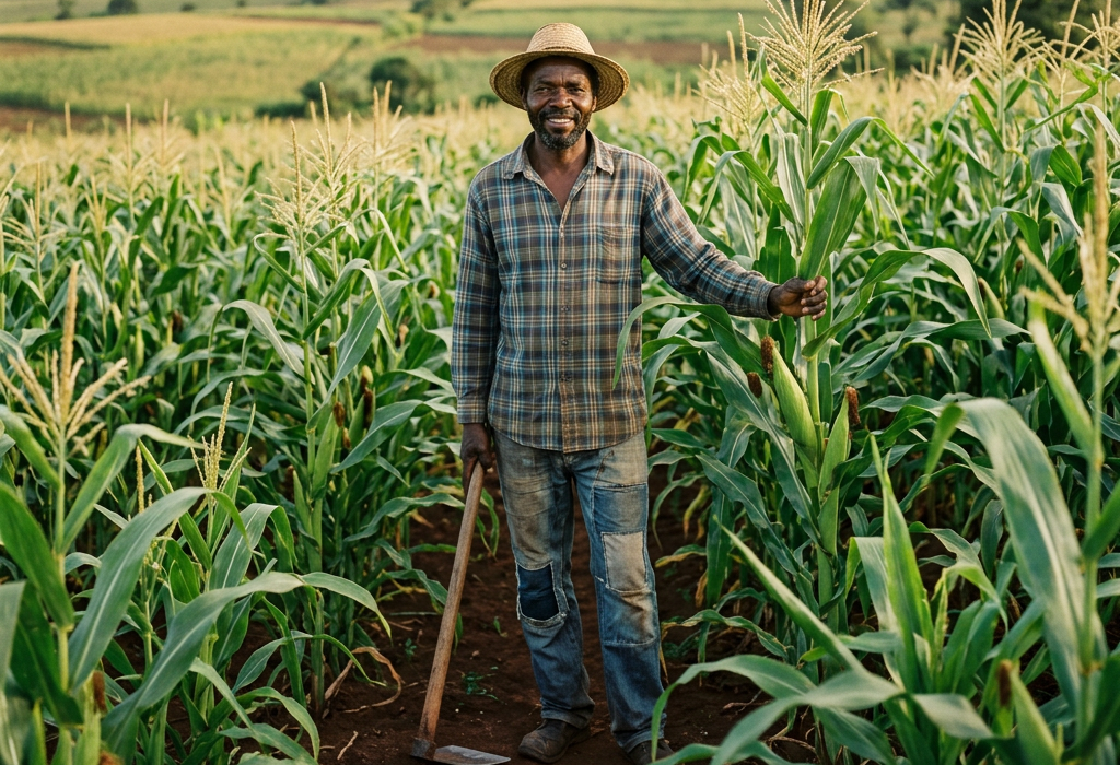 Farmer holding hoe and touching corn plant in field