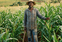 Farmer holding hoe and touching corn plant in field