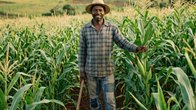 Farmer holding hoe and touching corn plant in field