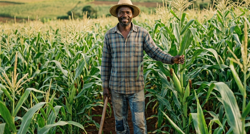 Farmer holding hoe and touching corn plant in field